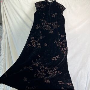 Vintage 80s Jessica Howard Black Velvet Burnout Dress Asian Floral Maxi 10 P